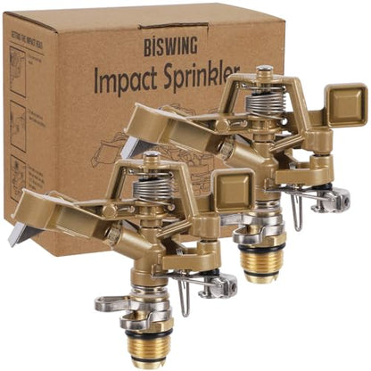 Biswing 1/2 Inch Impact Sprinkler 2 Pack, Heavy Duty Zinc Alloy Lawn Sprinkler Head with Nozzle, Adjustable 20-360 Degree Large Coverage Pattern, Watering Sprinkler for Grass Patio Garden Irrigation - style: Without Stake
