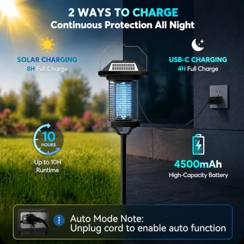 Solar Bug Zapper Outdoor, 4500V USB Rechargeable UV Flying Insect Trap (Square) - size: Square