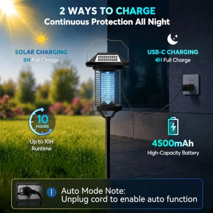 Solar Bug Zapper Outdoor, 4500V USB Rechargeable UV Flying Insect Trap (Square) - size: Square