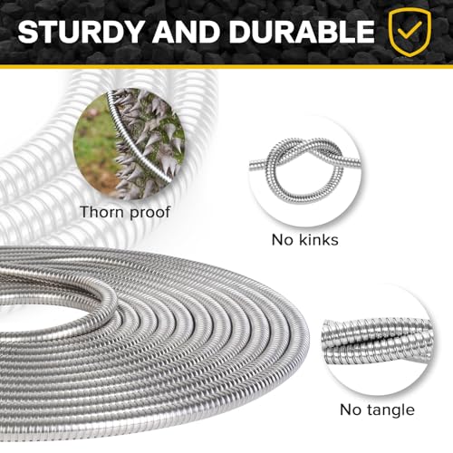 Metal Garden Hose 150ft Heavy Duty Stainless Steel Water Hose with Sprayer & Metal Fittings Flexible Lightweight Hose Puncture Proof Hose for Yard, Outdoors, Rv - size: 150FT