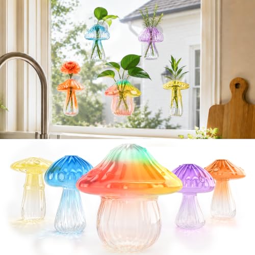 5Pcs Mushroom Propagation, Borosilicate Glass Vases, 6kg Suction Cups - color: Blue,yellow,purple,coffee,rainbow