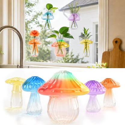 5Pcs Mushroom Propagation, Borosilicate Glass Vases, 6kg Suction Cups - color: Blue,yellow,purple,coffee,rainbow
