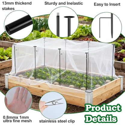 Metal Garden Netting Kit, 8 Pack 2.6ft Raised Garden Bed Net Support Stakes with 13×10ft Fine Mesh Insect Netting 16pcs Clips Bird Barrier Screen Cover for Protect Plant Vegetable Row from Animals Bug - color: 8 Poles With 10×13 Ft Netting