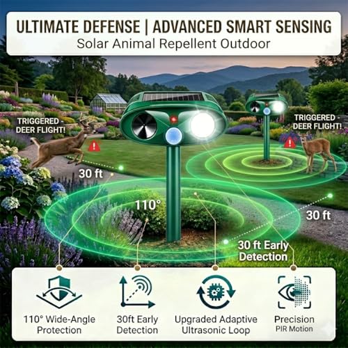 4Pack Upgraded Ultrasonic Deer Repellent for Plants Solar Animal Repellent Outdoor with Motion Sensor Strobe Light for Rabbit Cat Deterrent Raccoon Squirrel Fortress Pro Keep Deer Out of Yard Garden