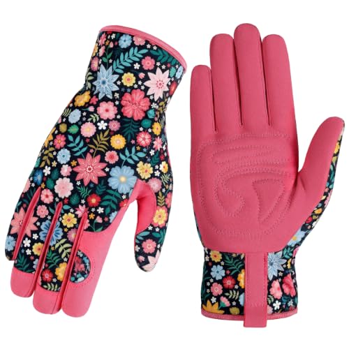 Gardening Gloves for Women, Breathable Leather Garden Gloves,Gardening Gift - color: Pink - Flower
