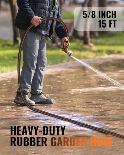 15FT x 5/8" Rubber Garden Hose, Heavy Duty Garden Hose, 300 PSI Working, 1000 PSI Burst, Swivel Handle with Stainless Steel Ring, 5-Layer Braided, All-Weather Outdoor Use, BG15GH06 - color: Black+Orange, size: 15FT 5/8