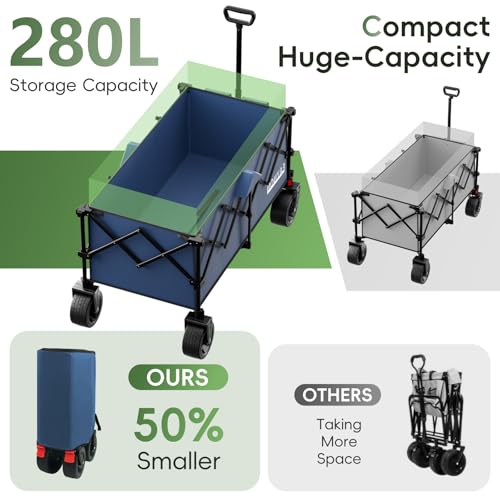 46" L Collapsible Foldable Extended Wagon, 500LB Weight Capacity with 280L Heavy Duty Folding Cart,Utility Wagon with All-Terrain Beach Wheel & Drink Holders,Blue - color: Blue