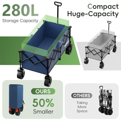 46" L Collapsible Foldable Extended Wagon, 500LB Weight Capacity with 280L Heavy Duty Folding Cart,Utility Wagon with All-Terrain Beach Wheel & Drink Holders,Blue - color: Blue