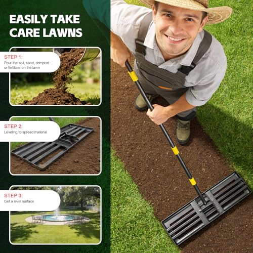 Lawn Leveling Rake 30”x10” Large Heavy Duty Metal Lawn Leveler with 6FT Long Adjustable Handle Proffesional Yard Leveling Rake for Soil Dirt Sand Compost Efficient Lawn Leveling Tool - style: 6FT