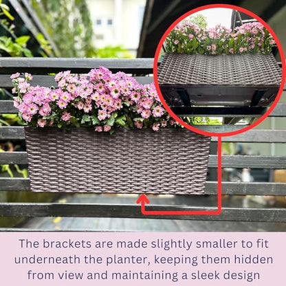 LaLaGreen Deck Railing Planter Box (20 Inch, 4 Pack) Brown Rectangular Window Flower Boxes with Bracket, Self Watering System Hanging Planter Box for Outdoor Plant Container Herb Rail Fence Balcony - color: Brown X 4