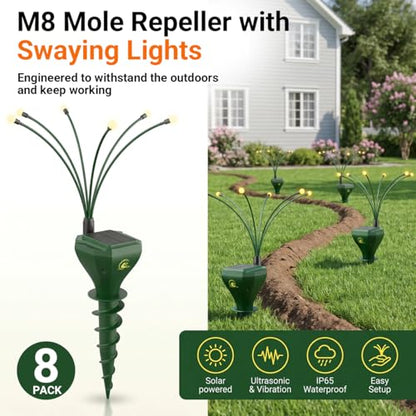 4 Pack Mole Repellent Solar Powered with Swaying Lights, Vibrating Solar Mole Repellent Stakes for Voles, Groundhogs, Snakes & Gophers, IP65 Waterproof Mole Deterrent for Yard, Farm, Lawn & Garden