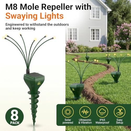 4 Pack Mole Repellent Solar Powered with Swaying Lights, Vibrating Solar Mole Repellent Stakes for Voles, Groundhogs, Snakes & Gophers, IP65 Waterproof Mole Deterrent for Yard, Farm, Lawn & Garden