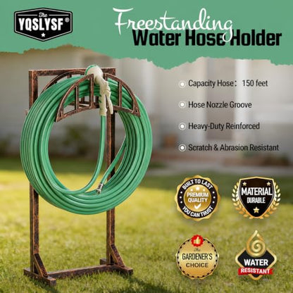 YQSLYSF Garden Hose Holder, Water Hose Stand with 4 Stake and 2 Tool Hooks, Heavy-Duty Metal Hose Storage Holds 150Ft, Freestanding Hose Hanger Rack for Outside, Yard, Lawn, Farm（Antique Bronze）
