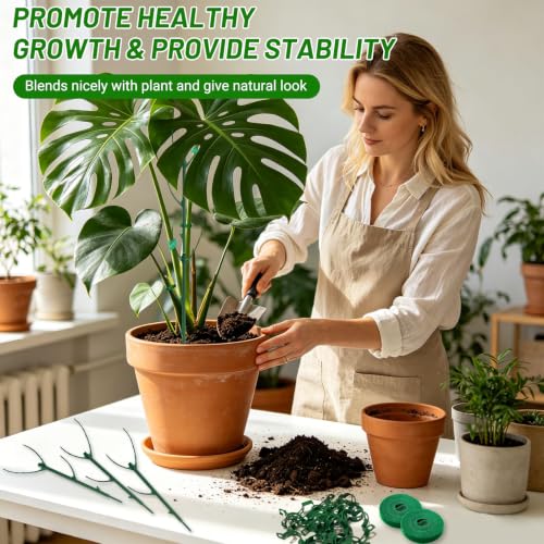 12 Pack Stackable Monstera Plant Support Poles with 20 Clips, 2 Roll Tie