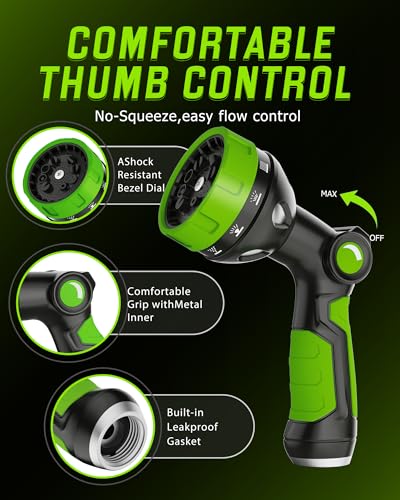 Hose Sprayer Nozzle Heavy Duty - 10 Spray Patterns Garden Hose Nozzle with Adjustable Flow Control for Watering Plants, Washing Cars,Washing Pets, Thumb Control (Green) - color: Green