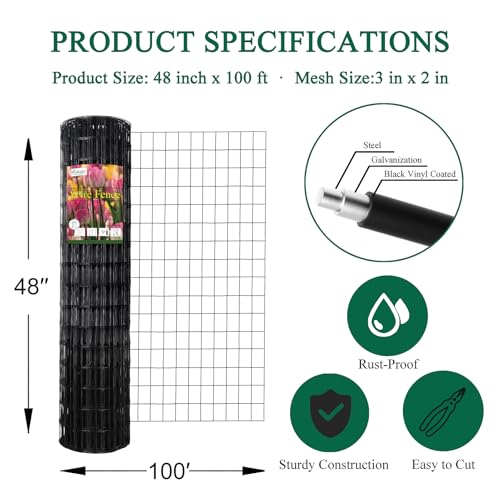 Black PVC Coated Welded Wire Fence 48" x 100' Roll, 2"x3" Mesh, 16 Gauge - color: Black, size: 2''x3'' 16GA 48''x100'