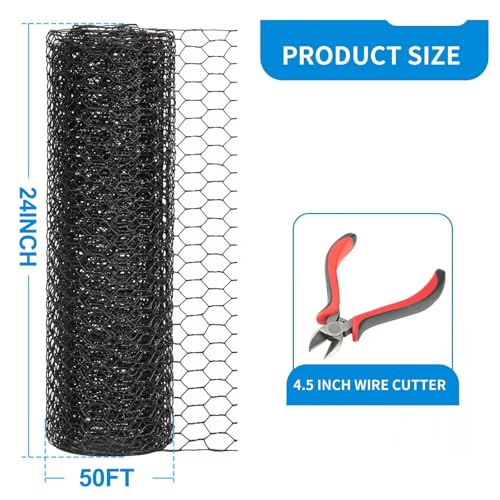 1/2 Inch Black Wire Mesh Roll - 24'' x 50' Chicken Wire Fence, 20 Gauge Hardware Cloth Poultry Netting for Garden/Animal Barrier/Rabbit/Floral/Chicken Coop/DIY Projects - size: 20 Gauge-1/2 Inch-24'' x 50'