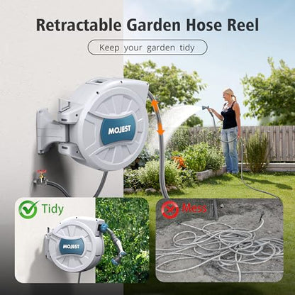 MOJEST Retractable Garden Hose Reel - 1/2 in x 100 ft Wall Mounted Heavy Duty Water Hose Reel with Automatic Slow Rewind System, 2 Hose Nozzle, 180°Swivel Bracket, Light Gray - color: Light Gray, size: 100FT
