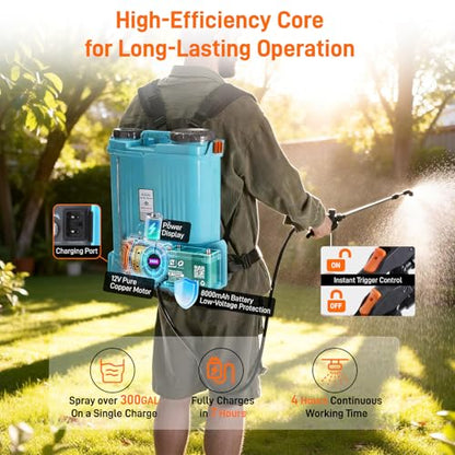 Backpack Garden Sprayer, 4.2 Gallon Electric Weed Sprayer w/ 5 Nozzles, Stir & Pressure Adj, Telescopic Wand, Battery Indicator, Battery Powered Rechargeable Auto Pump Sprayer for Yard, Lawn