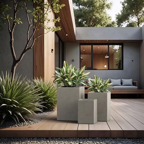 Kante Set of 3 Weathered Concrete Tall Square Planters for Modern Home - color: Weathered Concrete, size: 12.6",15.7"18.5" Tall
