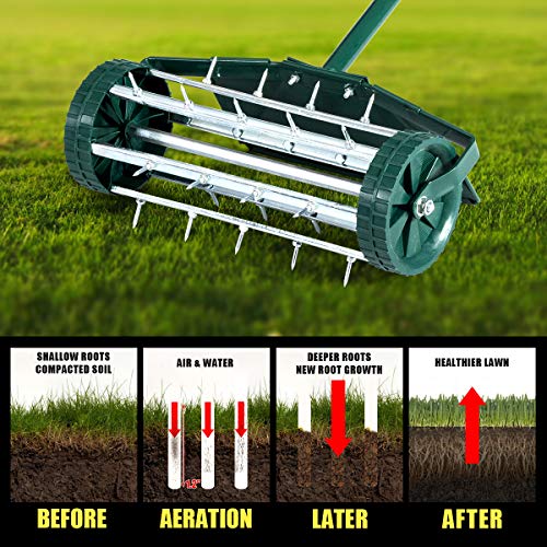Goplus Rolling Lawn Aerator, 18-Inch Garden Yard Rotary Push Tine Heavy Duty Spike Soil Aeration, Manual Lawn Aeration Tool w/ 41-Inch Handle (Green w/Fender) - color: Green w/ Fender