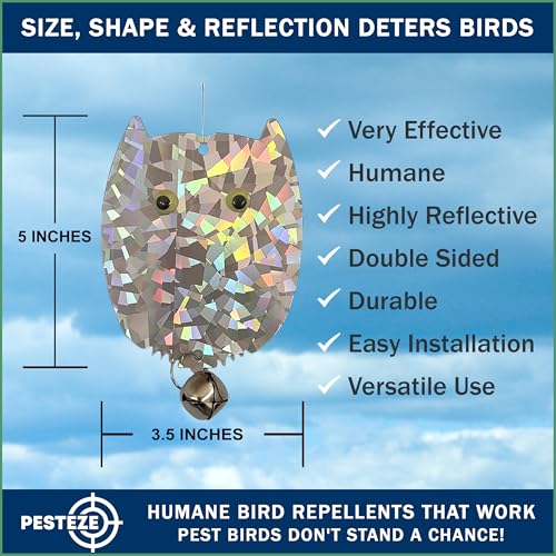 PESTEZE USA Owl Bird Deterrent Reflective Hanging Decoy Repellent with Bell, 4 Pack 3.5 x 5 in Shiny Scare Device Keep Birds Away Outdoor Porch Garden Yard Patio Protect Property
