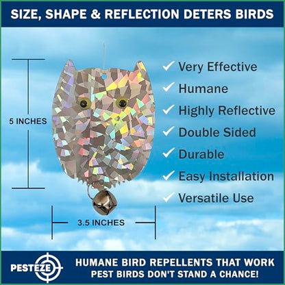 PESTEZE USA Owl Bird Deterrent Reflective Hanging Decoy Repellent with Bell, 4 Pack 3.5 x 5 in Shiny Scare Device Keep Birds Away Outdoor Porch Garden Yard Patio Protect Property