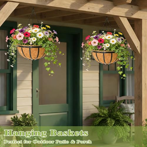 14 Inch Black Flat Iron Metal Hanging Planter Basket with Coco Coir Liner(4 Pack) Hanging Planters for Outdoor Plants Hanging Baskets for Plants Flower Pots for Deck Patio Porch Garden Balcony - size: 14 Inch