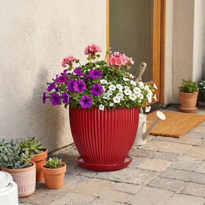 10 Inch Plant Pot, Ceramic Planters with Saucer, Red - color: Red, size: 10 Inch