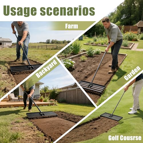 Lawn Leveling Rake, 30" x 10" Stainless Steel Head, Ergonomic Bent Handle, Level Soil & Sand, 6ft Long Handle for Yard, Garden, Sports Field - size: 30"x10"