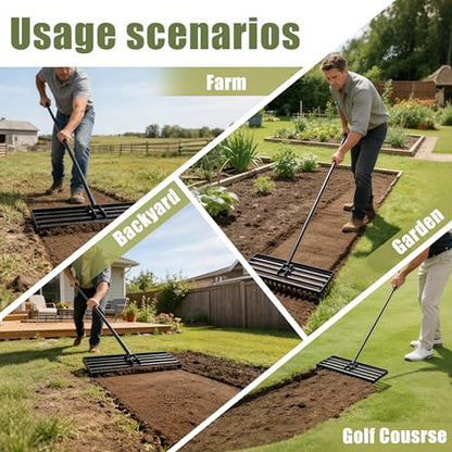 Lawn Leveling Rake, 30" x 10" Stainless Steel Head, Ergonomic Bent Handle, Level Soil & Sand, 6ft Long Handle for Yard, Garden, Sports Field - size: 30"x10"