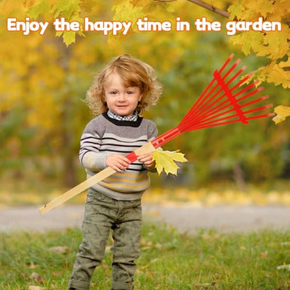 Kids Rakes with Hardwood Handle - Metal Kids Leaves Rakes, 28" Child Size Lawn Rakes with Vibrant Red Heads, Garden Tool Set for Kids Boys and Girls - color: Red