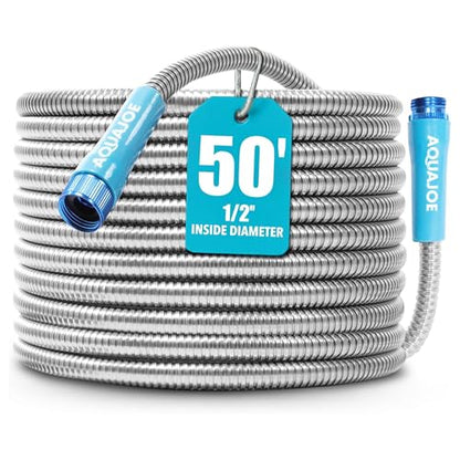 Aqua Joe 50-Foot Heavy Duty Garden Hose, Spiral 304 Stainless Steel Metal Hose, Puncture Proof, 1/2 Inch Diameter with Aluminum Fittings, AJSGH50