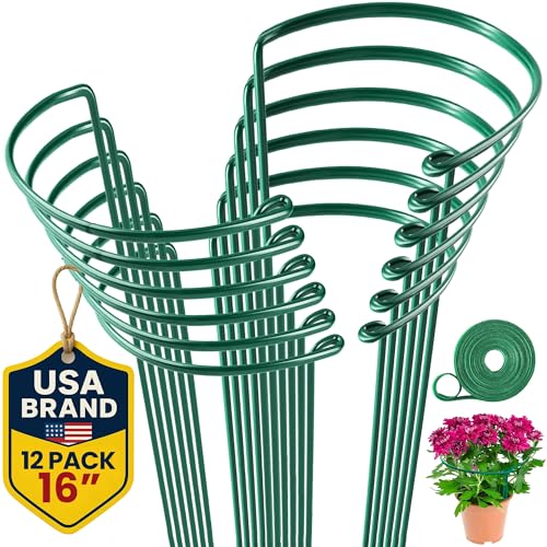 K-Brands 12 Pack Plant Support Stakes – Heavy-Duty Half Round Peony Support Ring and Cage for Indoor and Outdoor Plants – Peony, Tomato, Hydrangea, Rose 10" Wide x 16" High - size: 12 Pack - 10'' Wide x 16'' High