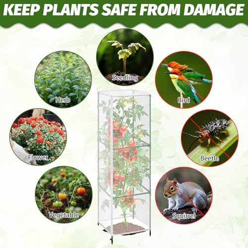 3 Pcs Garden Bird Barrier Plant Cover 55" x 16.5"- Fit Square Support (Max 15" D x 59" H) Tomato Cage Net with Zipper & Drawstring Foldable Trellis Guard Cover Bag for Protecting Plant - size: 55" x 16.5"