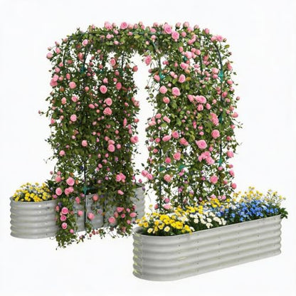 Metal Raised Garden Bed with Trellis for Climbing Plants Outdoor - color: Beige
