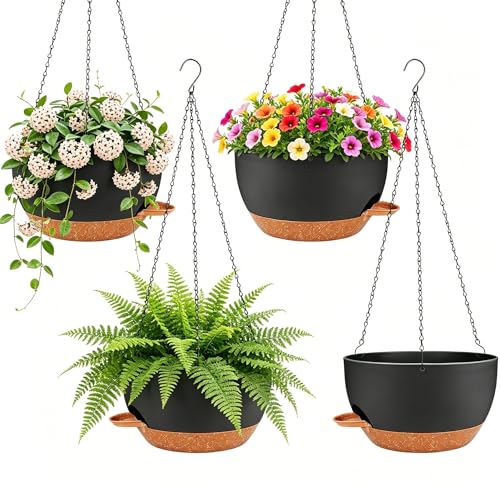 Set of 4-8 Inch Self Watering Hanging Planters for Indoor Outdoor，Hanging Plant Pots with Drainage & Removable Tray, Hanging Pots Holder for Ivy, Pothos, Ferns, Balcony & Patio, Black Brown - color: Black Brown