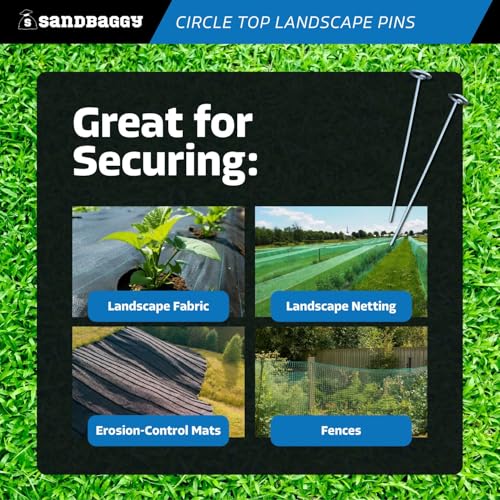 Sandbaggy 12 Inch Rust-Free Circle Top Pins | Industrial Grade 8 Gauge Galvanized Steel | Great for Hard & Rocky Soil | Holds 5X Better | Landscape Staples SOD Garden Stakes Weed Mats, Tarp (1500 Pcs) - size: Galvanized 12-Inch - 1500 Pcs