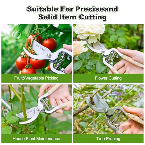 Berry&Bird 8'' Bypass Pruning Shears with Wooden Handle, Curved Blade Garden Hand Pruner, Stainless Steel Scissors Ultra Sharp Clippers for Gardening Trimming Cutting Bonsai Plant Flower & Picking - style: 8'' Curved Blade Scissors