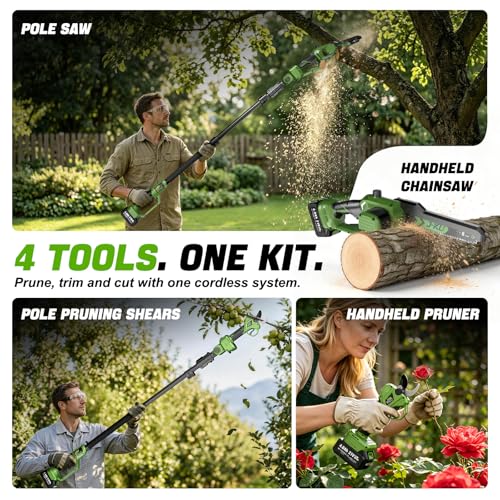 J-KU 4-in-1 Electric Pole Saw & Pruning Shears Combo, 8" & 6" Mini Chainsaw - color: Olive Green