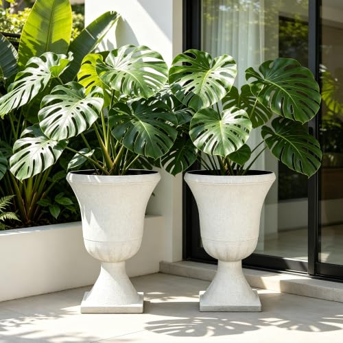 Autodaya 22" Large Urn Outdoor Planters Set of 2, White Terrazzo Plant Pots - color: 22"-urn Planter White