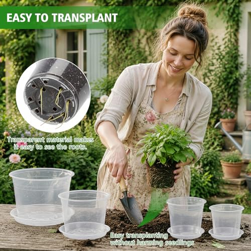 5/6/7/10 Inch Clear Nursery Pots with Drainage Holes and Saucers, 12 Pack Large Plastic Plant Pots for Seedlings, Succulents, Herbs, Flowers & Vegetables, Repotting and Growing