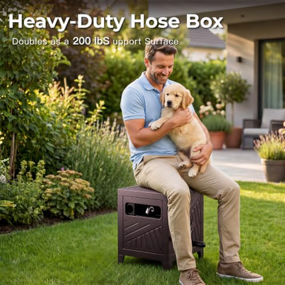 Garden Hose Reel Hideaway, Heavy Duty Metal Hose Reel Box for 125FT x 5/8" Hose, Steel Hose Storage Reel with Manual Crank Handle, Hose Guide System, Leak-Proof Aluminum Fittings, Stable 4-Leg Base