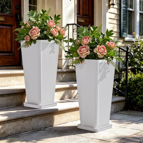 24" Tapered Tall Planters for Outdoor Plants with Tray&Shelf, White - color: White-smooth