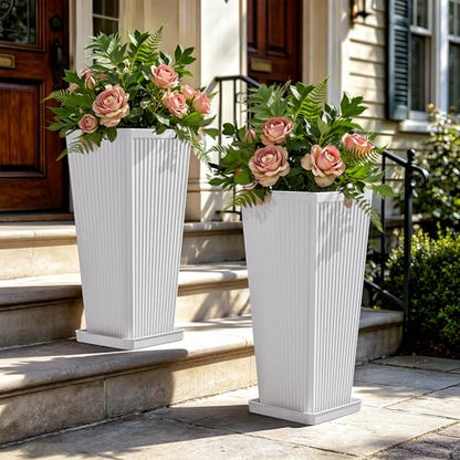 24" Tapered Tall Planters for Outdoor Plants with Tray&Shelf, White - color: White-smooth