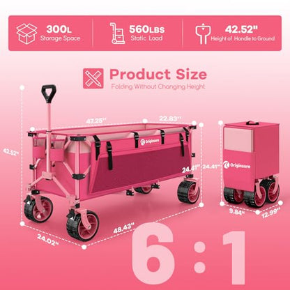Originsure 300L Beach Wagons Carts Foldable with Big Wheels, 560lbs, Pink - color: Pink