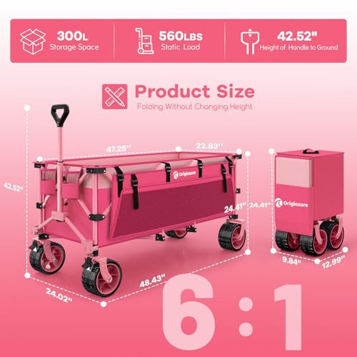 Originsure 300L Beach Wagons Carts Foldable with Big Wheels, 560lbs, Pink - color: Pink