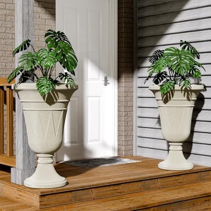 Tall Plastic Urn Planters and Pedestal - 24" Outdoor Planter Beige - color: White-trophy