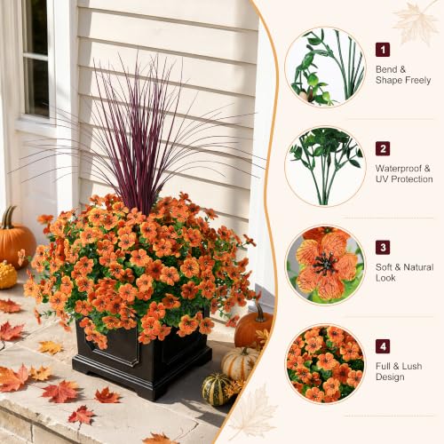 HyeFlora Artificial Fall Flowers for Outdoor Decoration, 13 Bundles Faux Silk Colorful Mums Grass UV Resistant Realistic Fake Flowers for Home Porch Patio Yard Window Box (Orange) - color: Orange