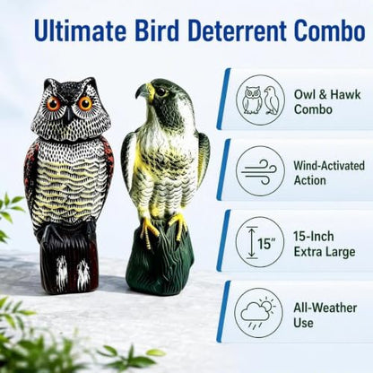 Hawk Decoy to Scare Birds Away - Owl & Hawk Garden Decoy Combo, 2X Protection Wind-Activated Bird Deterrent for Farms & Yards, 50% Larger Size (15")